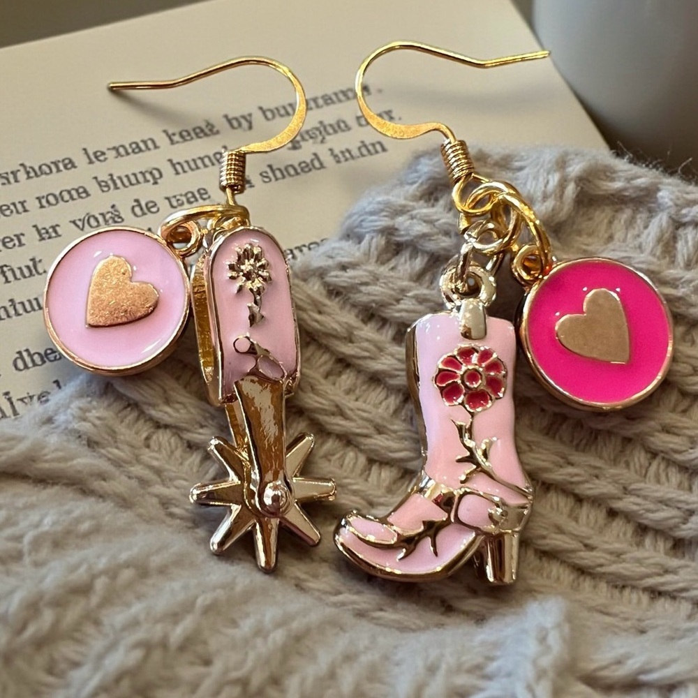 Pink and Gold Enamel Western Boot, Spurs, and Heart Earrings
